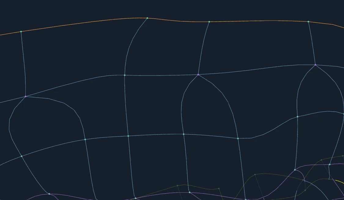 A close view of a patch network showing curved edges and connected corner points.