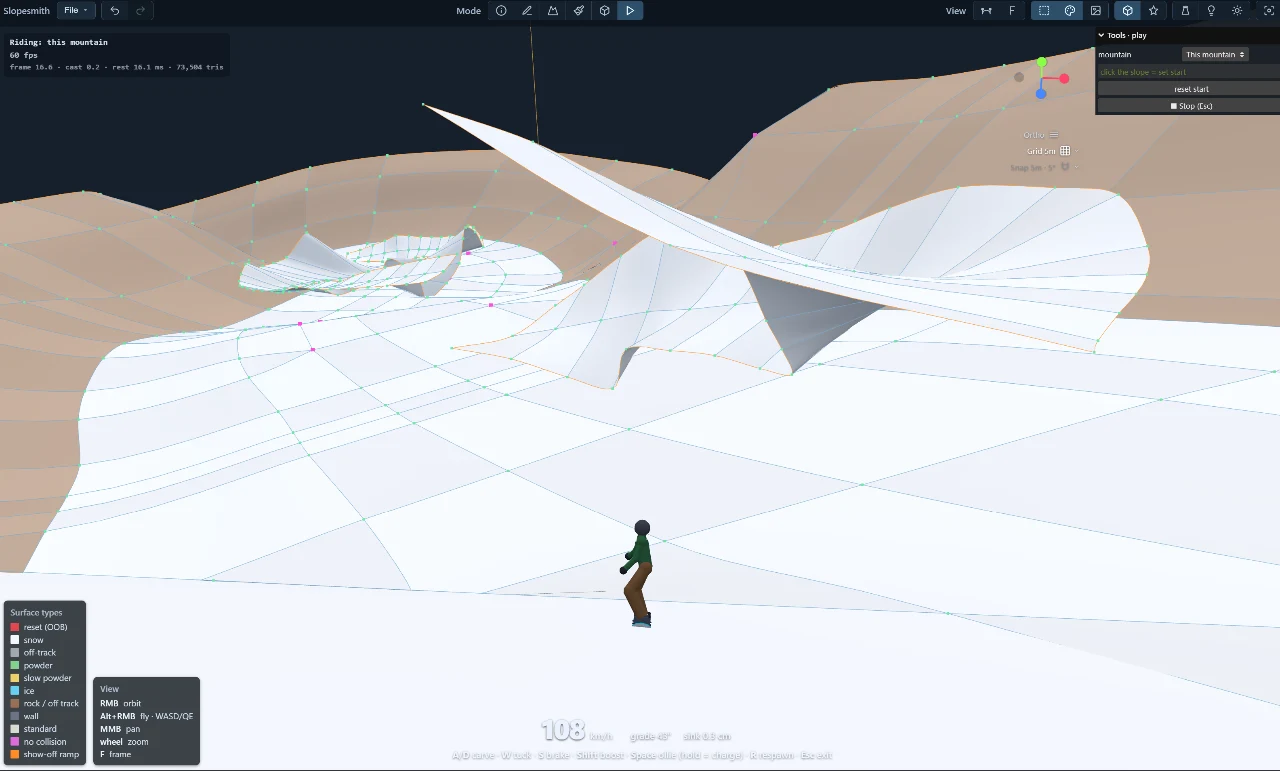 An early Slopesmith test ride on unfinished terrain with surface colors and a rider in view.