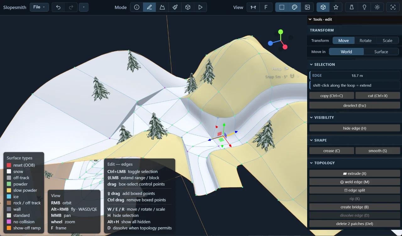 A course in surface-type view with color-coded terrain and a legend for snow, powder, ice, and other ride surfaces.