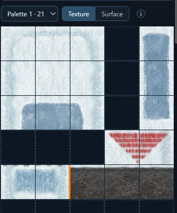 A texture palette containing aligned snow, ice, rock, and turn-marker tiles, with an orange seam indicator.