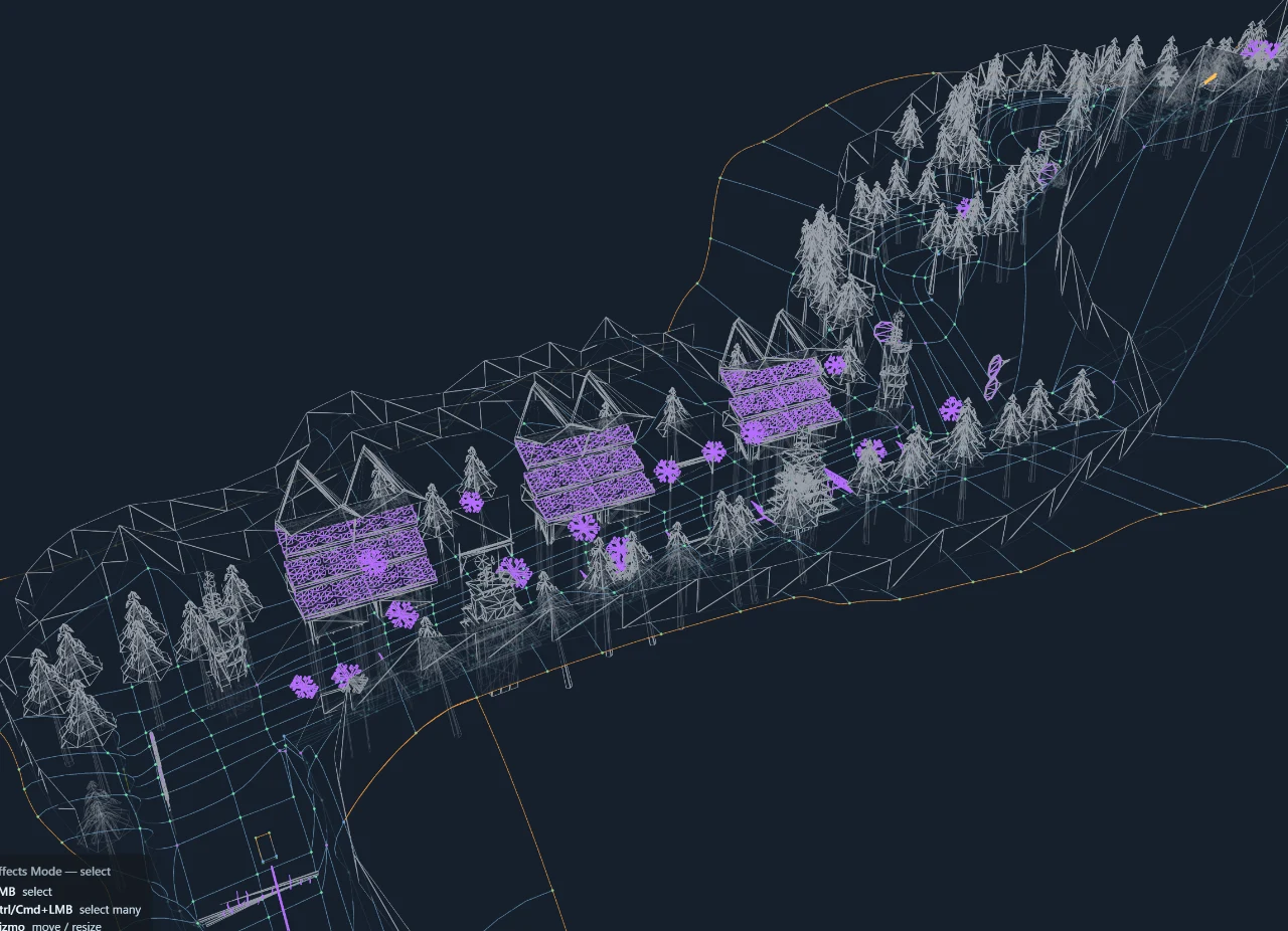 A wireframe overview showing the course terrain, trees, props, and effect markers.