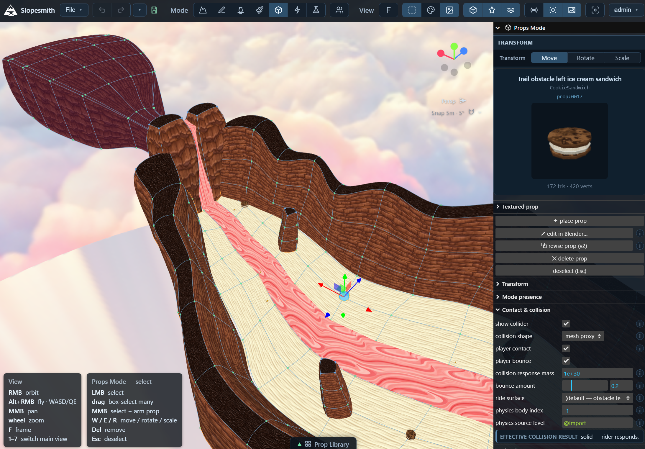 An original Candyland mountain in Slopesmith, showing editable terrain and the Props Mode panel.